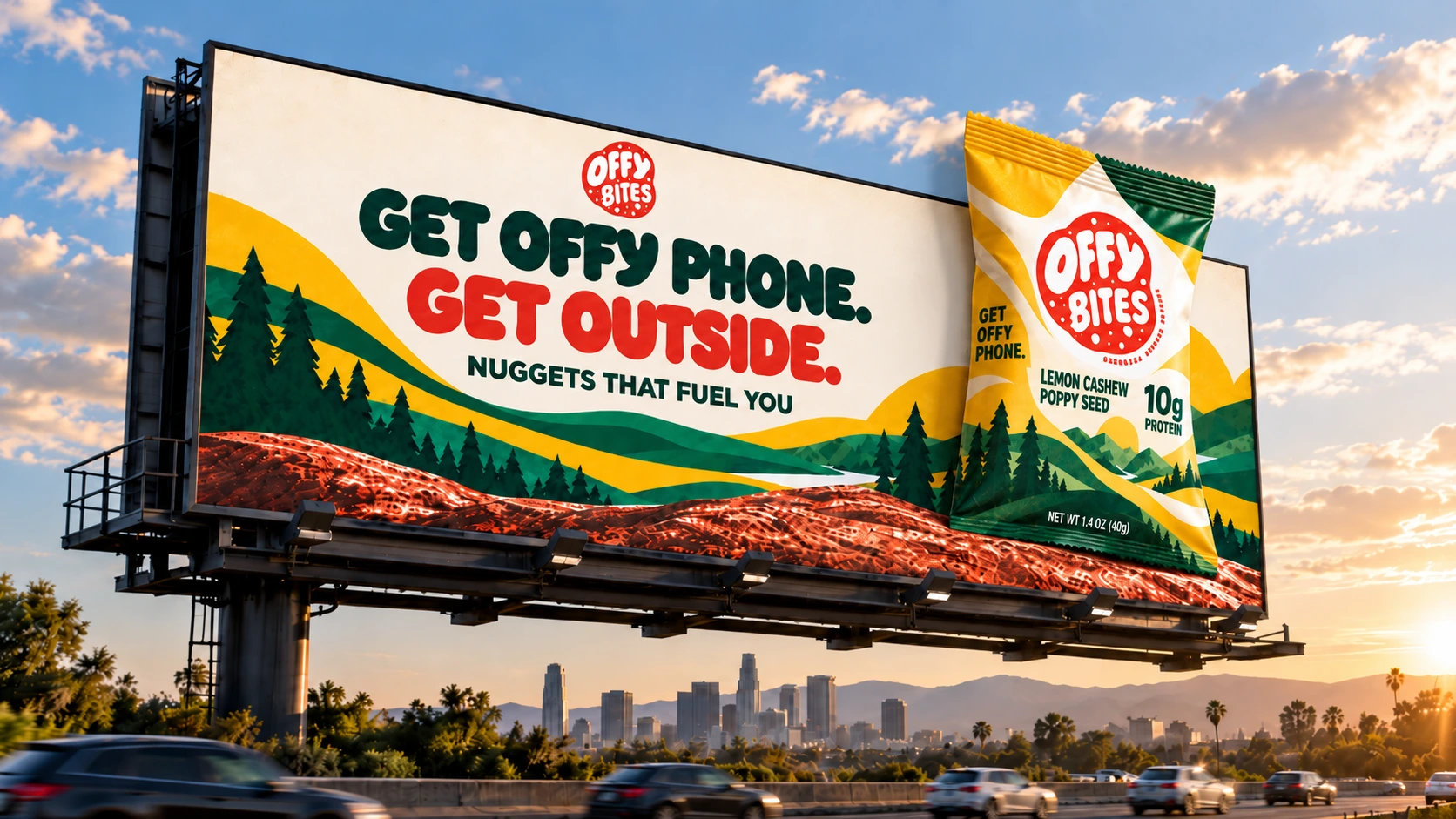 OFFY BITES brand identity applied to an outdoor campaign